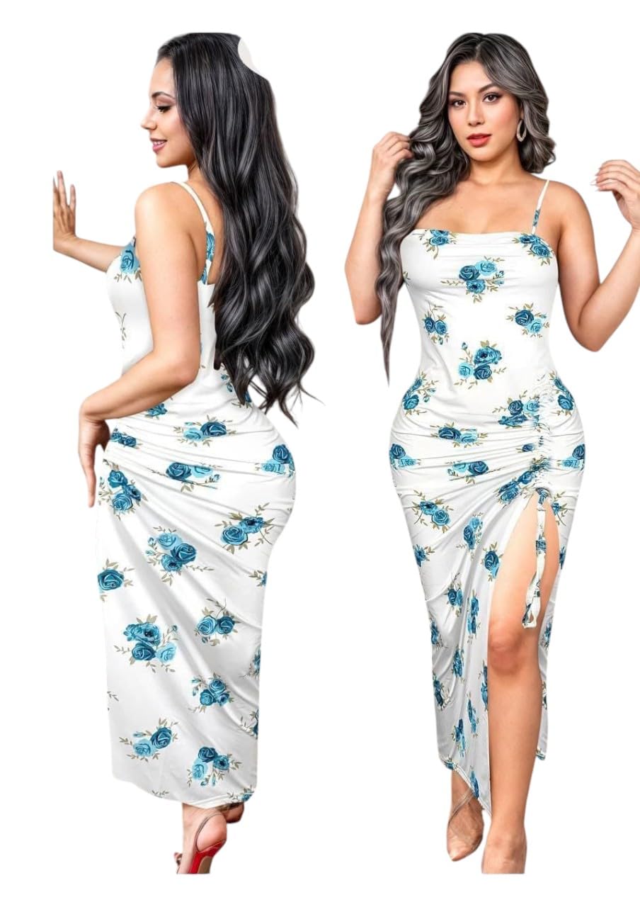 Women's Spaghetti Strap Maxi Dress – Elegant Floral Print Ruffle Side Slit