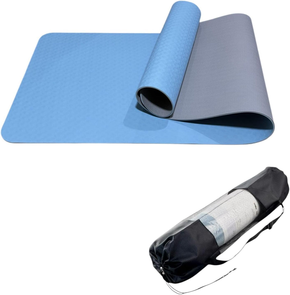 TRUE FIT®Yoga Mat Premium Thick Non Slip Eco Friendly Elastic Rubber Fitness Exercise Pilates Mat Unisex Double Sided 1.83cm x 61cm x 0.6cm with Storage Bag Included (Blue-Grey)