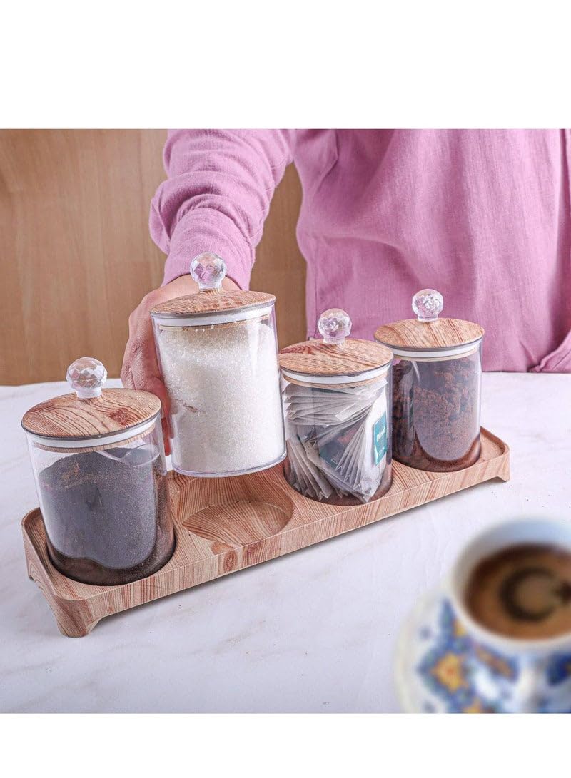 Spice Jar Set of 4 Acrylic Glass Canisters with Bamboo Lids, Spoons and Base Perfect for Kitchen, Coffee Corner and Home to Serve Sugar, Spices, Salt, Coffee H