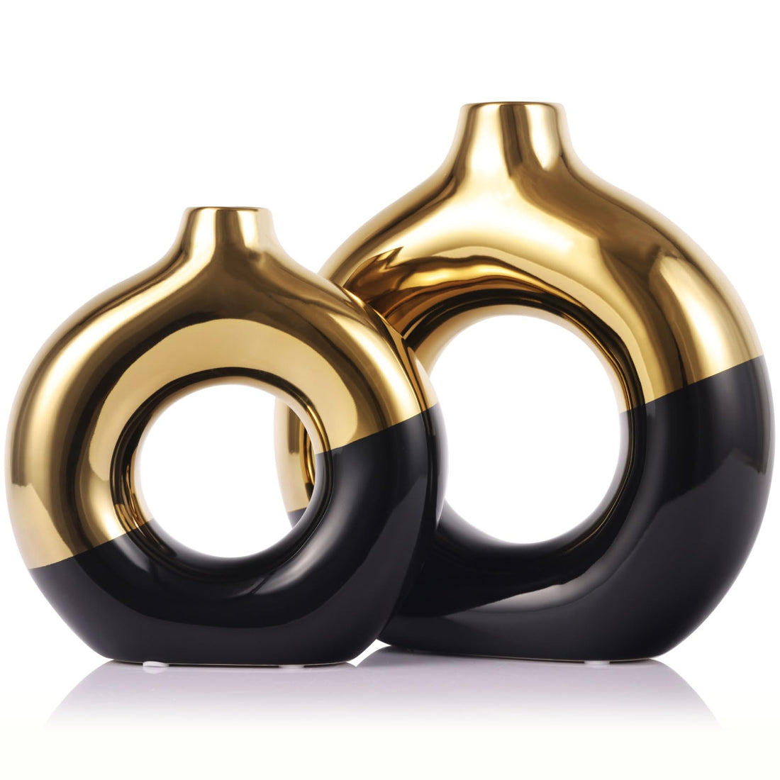 Flower Vase for Home Decor - Gold and Black Ceramic Vase Set of 2, Donut Black Vases for Decor, Modern Boho Decorative Vase, Round Hollow Pampas Grass Vase, Dining Table, Mantel & Centerpiece
