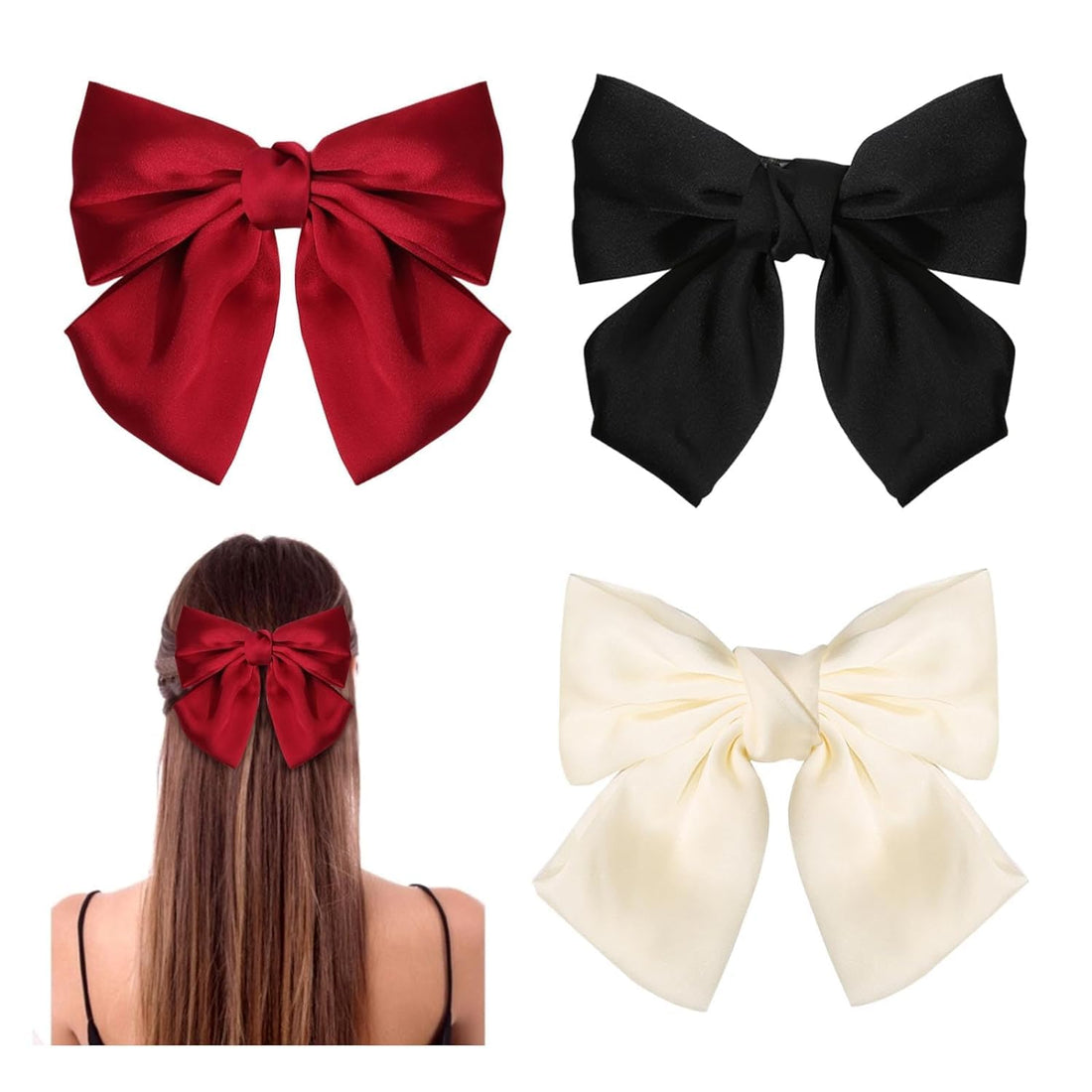 Bizzico UOPMQGB Bowknot Hair Clips, French Fabric Hair Clips with Bow, Satin Bow Hair Clips, Women's Bow Hair Clips for Weddings, Festivals, Parties and Schools (Black, Beige and Red)
