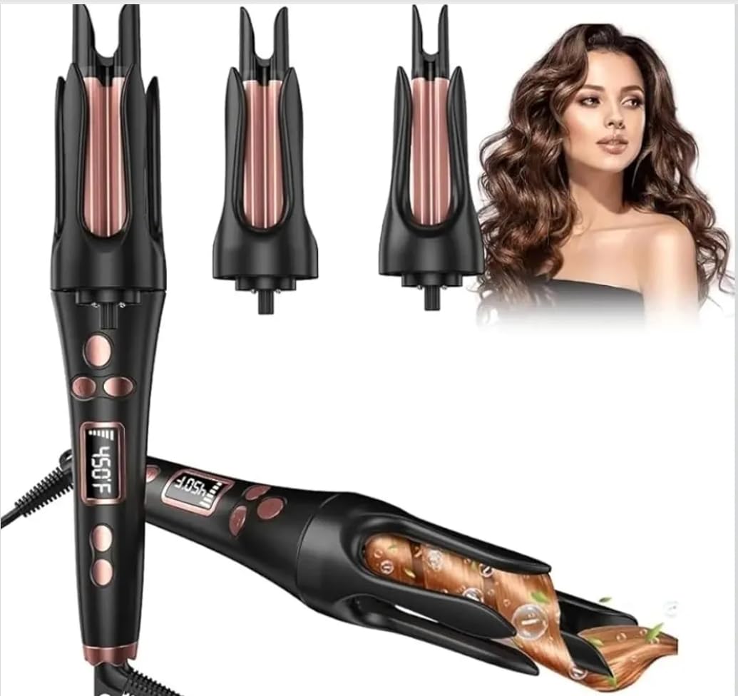 Automatic Rotating Curling Iron with 4 Temperatures 2 Sizes 19mm and 25mm Large Barrel Wavy Hair Curling Iron, Black and Rose Gold