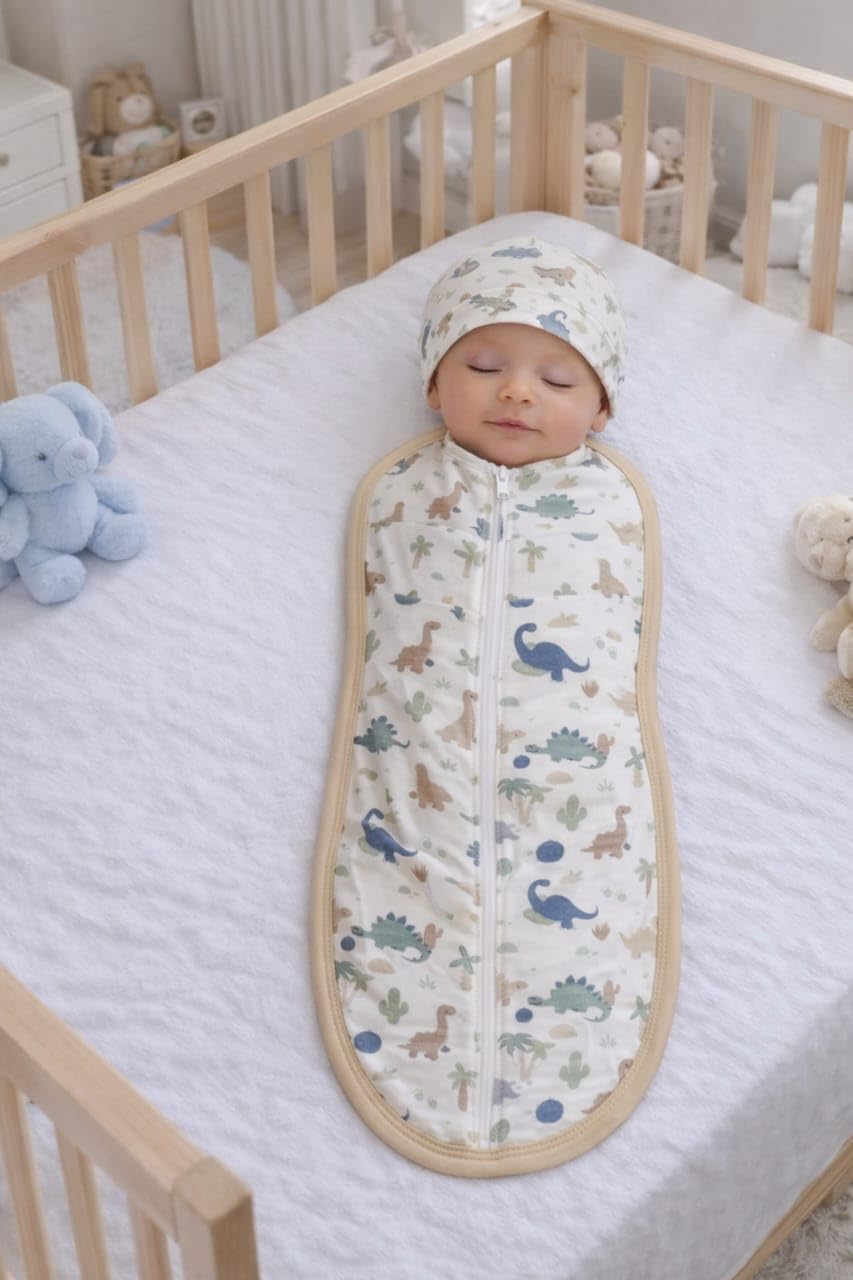 Baby Swaddle Wrap with Hat, White and Blue, Whimsical Print, Newborn Sleep Sack (Dinosaur 903-7)