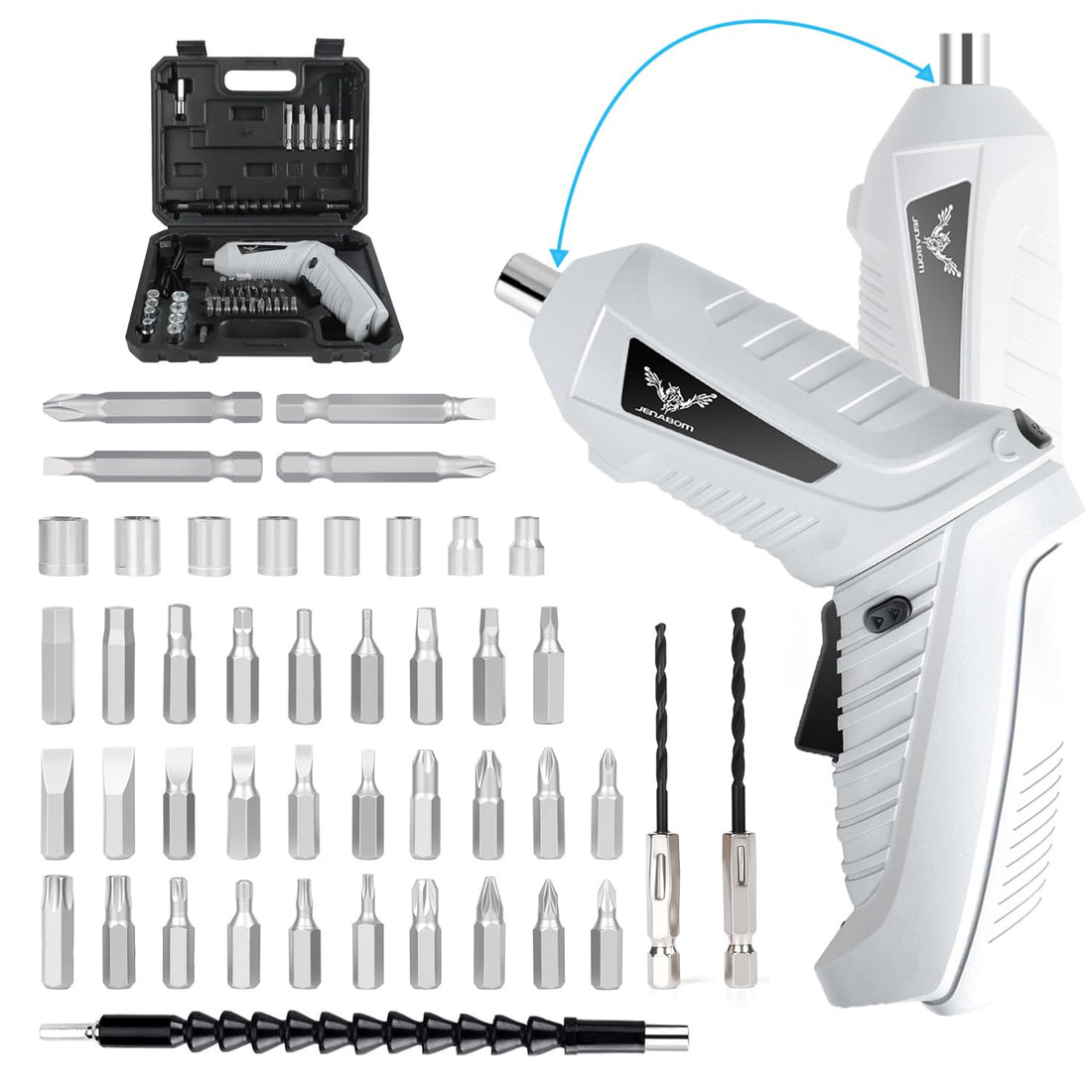JENABOM 47 in 1 Electric Screwdriver Cordless Screwdriver, 3.5N-m Max Torque Electric Screwdriver Kit, 3.6 V/1300 mAh Cordless Drill, with USB Cable, LED Light for Home Improvement DIY Project