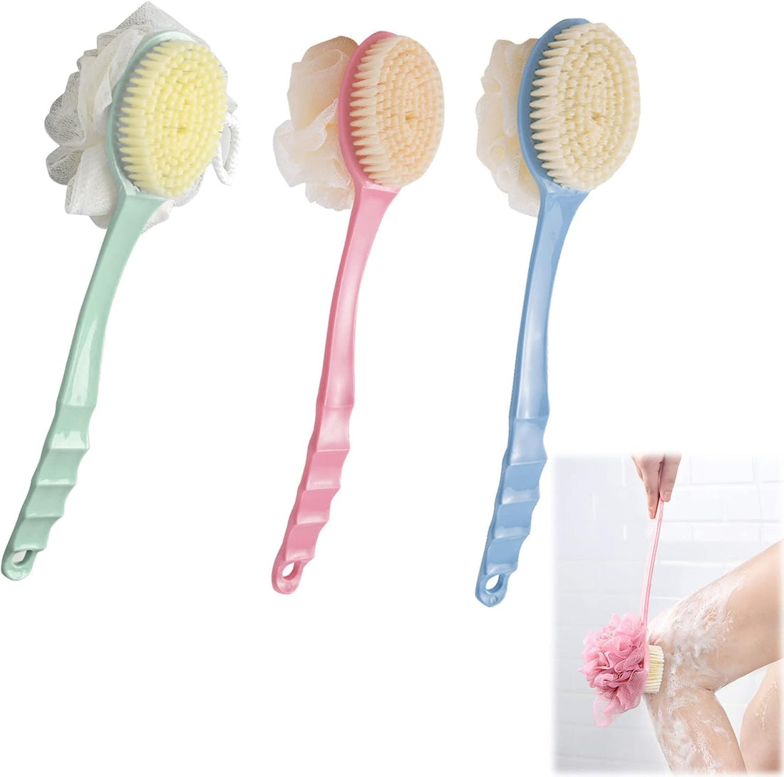 Curved Handle Shower Body Brush with Bristles and Loofah,Back Scrubber Bath Mesh Sponge with Curved Long Handle for Skin Exfoliating Bath, Massage Bristles Suitable for Men and Women (Multicolor)
