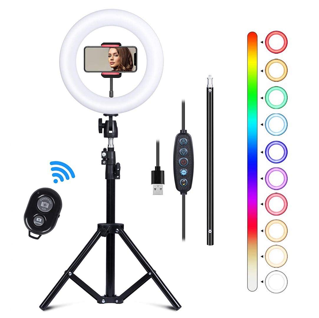 Ring Light With Tripod 10 Inch / 25 cm Set - 11 Lighting Modes, 2 Mobile Phone Holders, Remote Control, Bluetooth for Makeup, Selfie, Video, Vlog