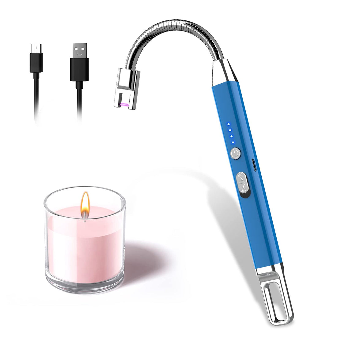 Rouclo Electric Lighter, Lighter Candles Kitchen Arc Electric Lighter with Battery Indicator, 360 Flexible USB Rechargeable Electric Lighter for Gas Cooker, Fireplace, Barbecue (Blue)