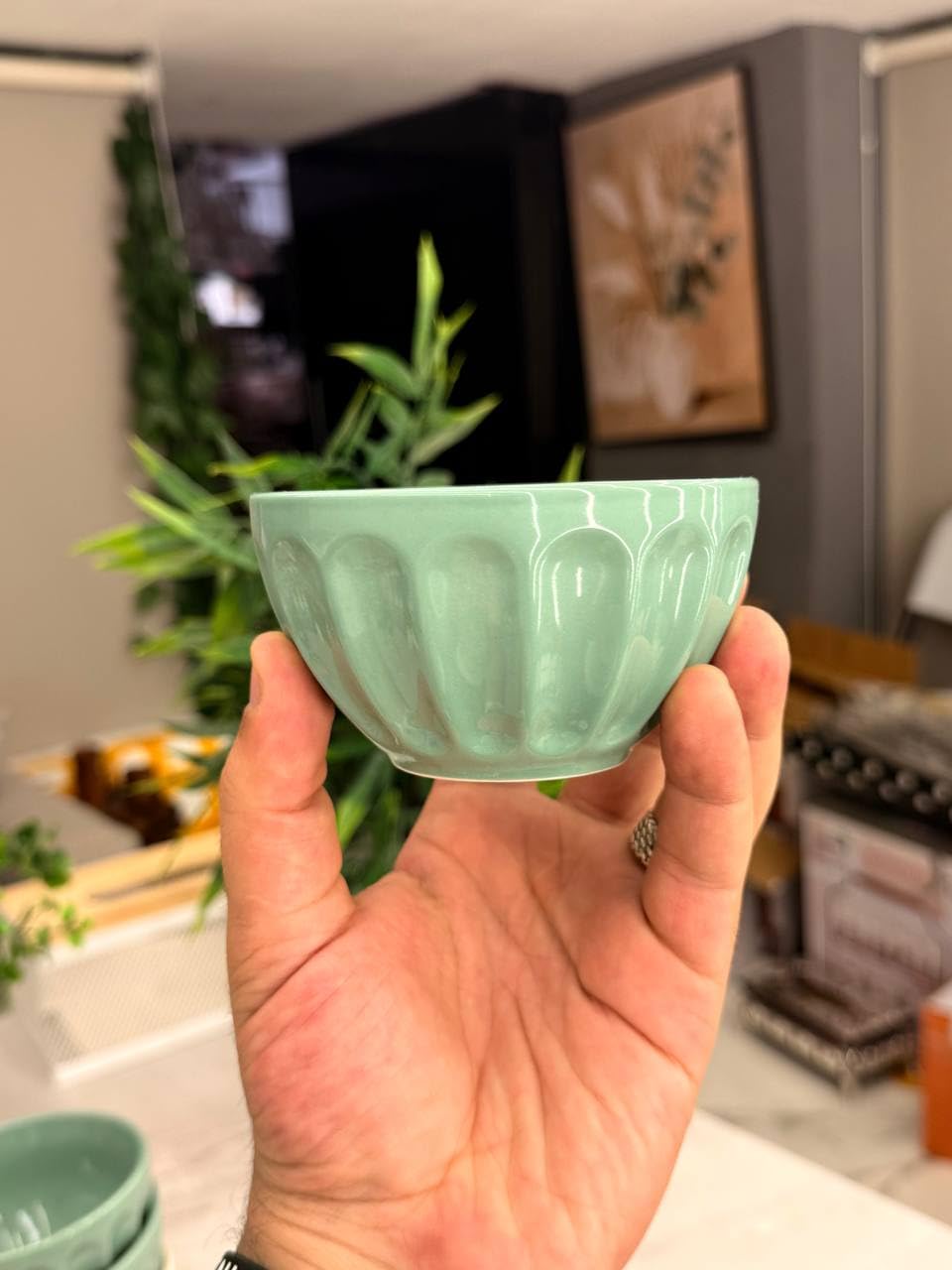 Generic Decorative Mint Green & cream Porcelain Tea Bowl with Fluted Design, Small Ceramic Cup .soh