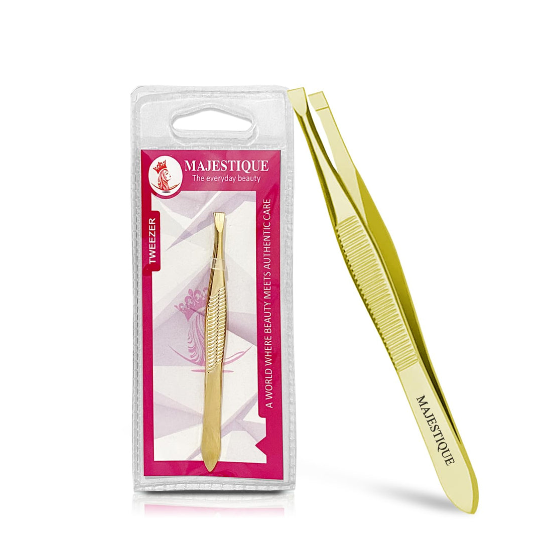 Majestique Tweezer for Eyebrows Slant Tip Professional Stainless Steel Eyebrow Plucker Tweezers for Women and Men - Great Precision on Brow, Facial Hair & Ingrown Hair (Golden)
