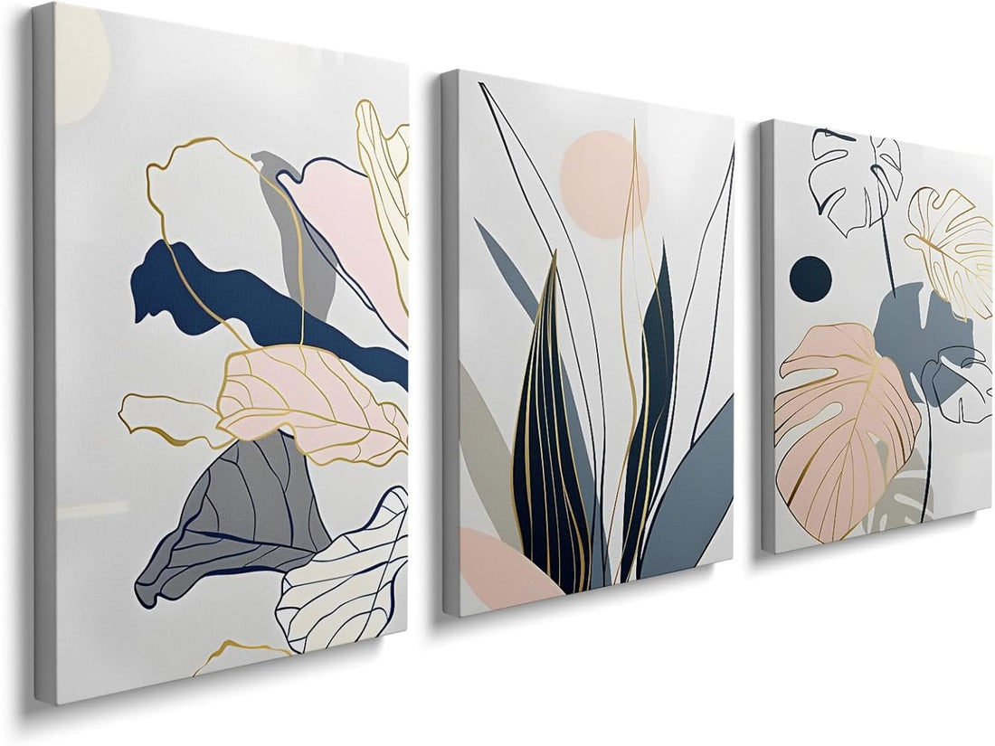 Framed Boho Wall Decor - 3 Pieces Green and Grey Plant Canvas Wall Art Nature Floral Pictures Artwork Decoration for Bedroon Bathroom Living Room Kitchen 12x16inch Ready to Hang, YH1801