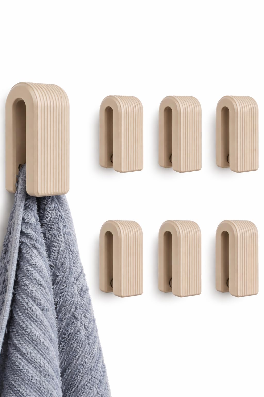 Ribbed Wall Hooks Set (3 Pack) – Minimalist Hanger for Towels, Coats – Multi-Purpose Organizer for Bathroom, Kitchen & Home – Available in Screw-In or Adhesive Tape Mount (6, Beige, screw)