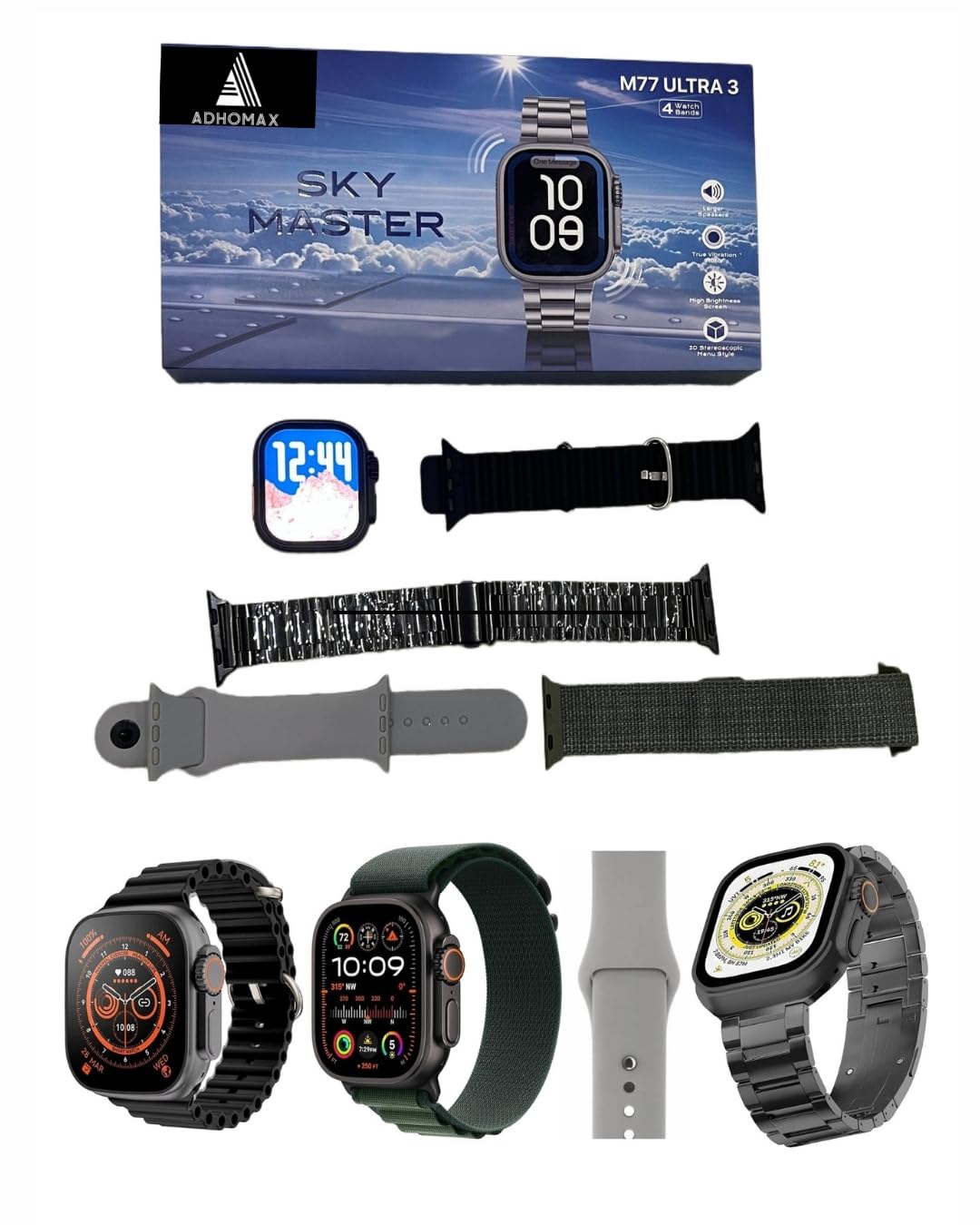 M77 Ultra3 Smart Watch, 49MM High brightness screen, Calls, 3D Menu, Fitness Tracker, Wireless Charging, Heart Rate, SpO2, Weather, Camera, Music, 4 Straps, IOS, android, men, women (Black)