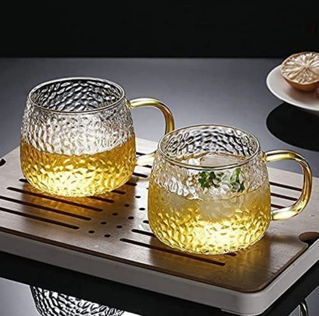 KiKiluxxa Golden Handle Glass Green Tea and Coffee/Milk/Juice Cup/Mug - Set of 2, Clear, 410ml
