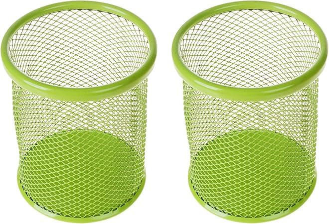 Metal Desktop Storage Organizer Round Mesh Pen Ruler Eyebrow Pencil Makeup Brush Holder Case for Home Office Classroom, 2 Pcs, Green