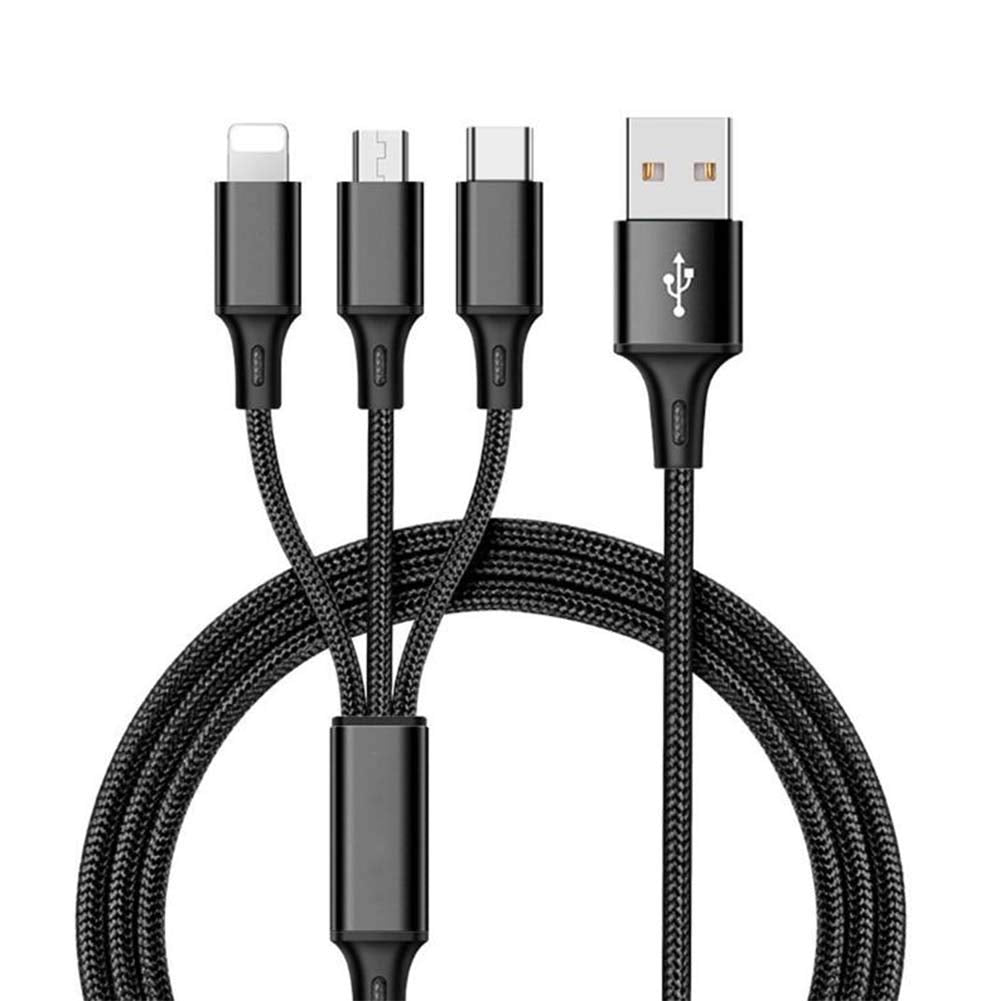 FANHAO Nylon 3 in 1 Fast Charging Cable for Type-C, Micro and iPhone Pins,Smart Charge 3 Port Charging Cable,Power line(3 in 1 Cable),Black