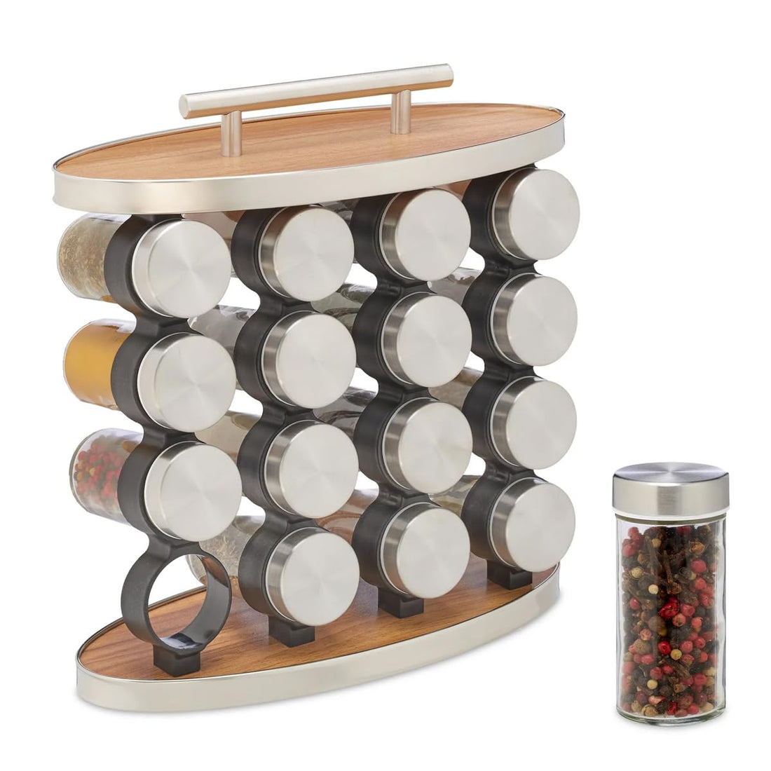 Spice Rack Set 16 Glass Jars with Stainless Steel Lids and Rotating Stand Seasoning Organizer for Kitchen Countertop (Round)