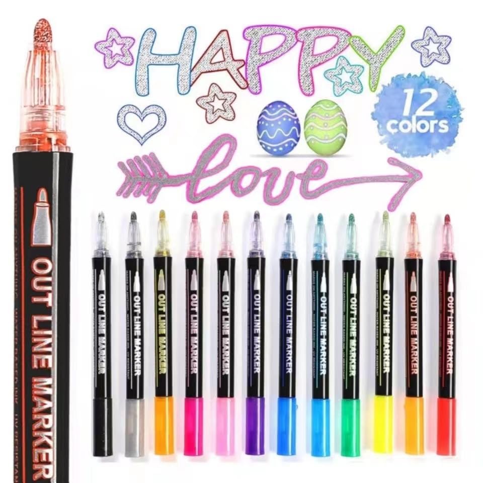 fashion mania Glitter Pens Outline Marker Pens, Gifts for Teenage Girls, Stocking Fillers Kids, 12 Colours Double Line Metallic Outline Pens for Scrapbooking 4-12 Year Old Girls Kids