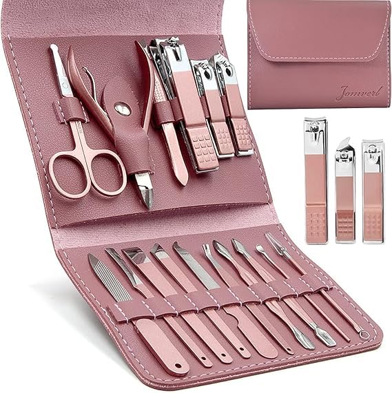 Manicure Set, Professional Nail Care Kit, 16 in 1 Nail Care Kit with Luxury Leather Travel Case for Men and Women (Pink)