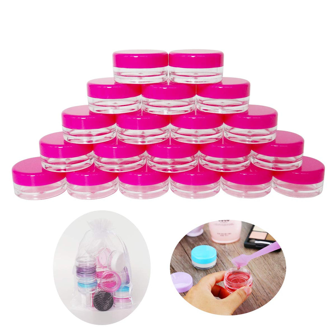 GreatforU 20pcs, 3Gram 3ml BPA Free Small Jars, Cosmetic Sample Empty Plastic Container Pot W/Rose-Red Screw Cap Lid, for Makeup, Eye Shadow, Nails, Powder, Jewelry, Gems, Beads, Small Travel Size