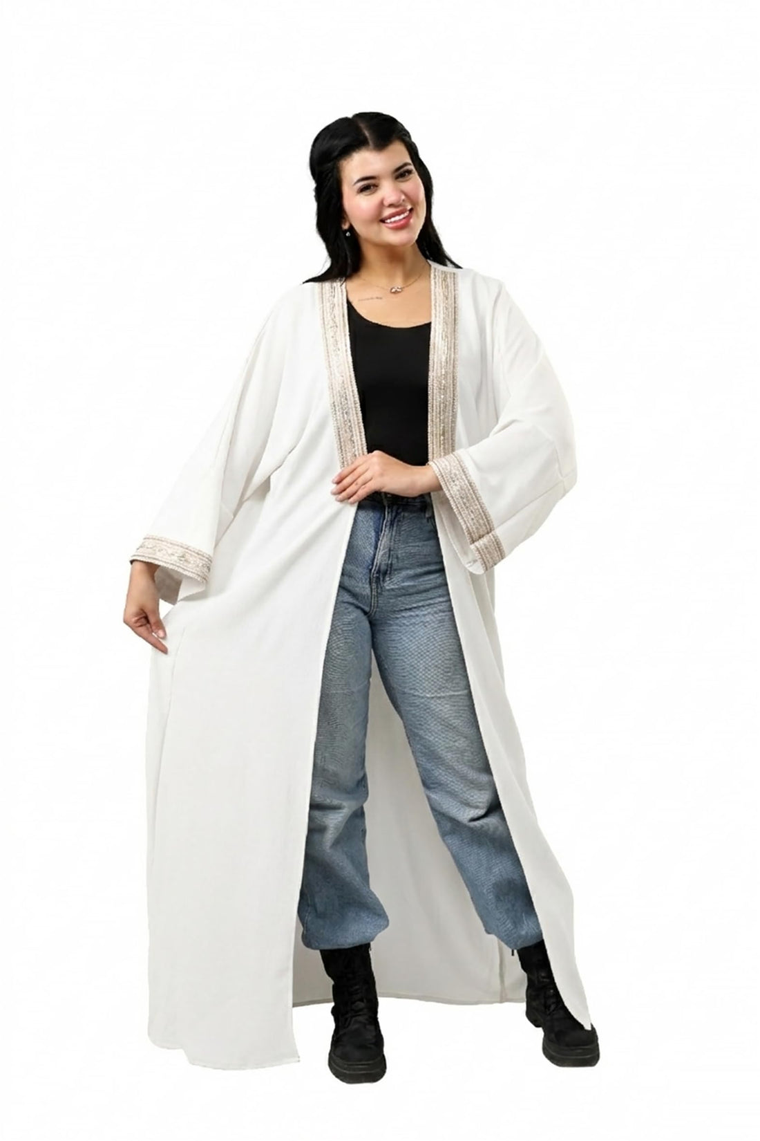 C.Y Raw Anti-Shrunk Long Cardigan with Elegant Lace Sleeve - Fashion Open Abaya - Long Lightweight Kimono Style Jacket Free Size Fits 60 to 95 KG Approximately