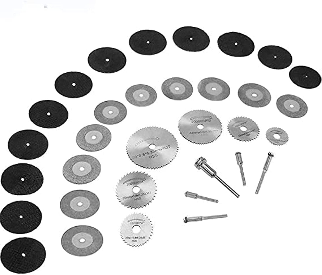 33pcs Cutting Wheel Set for Rotary Tool Accessories, Mini High Speed Steel Circular Saw Blades Diamond Resin Cutting Discs with 1/8" Shank for Wood Glass Plastic Stone Metal
