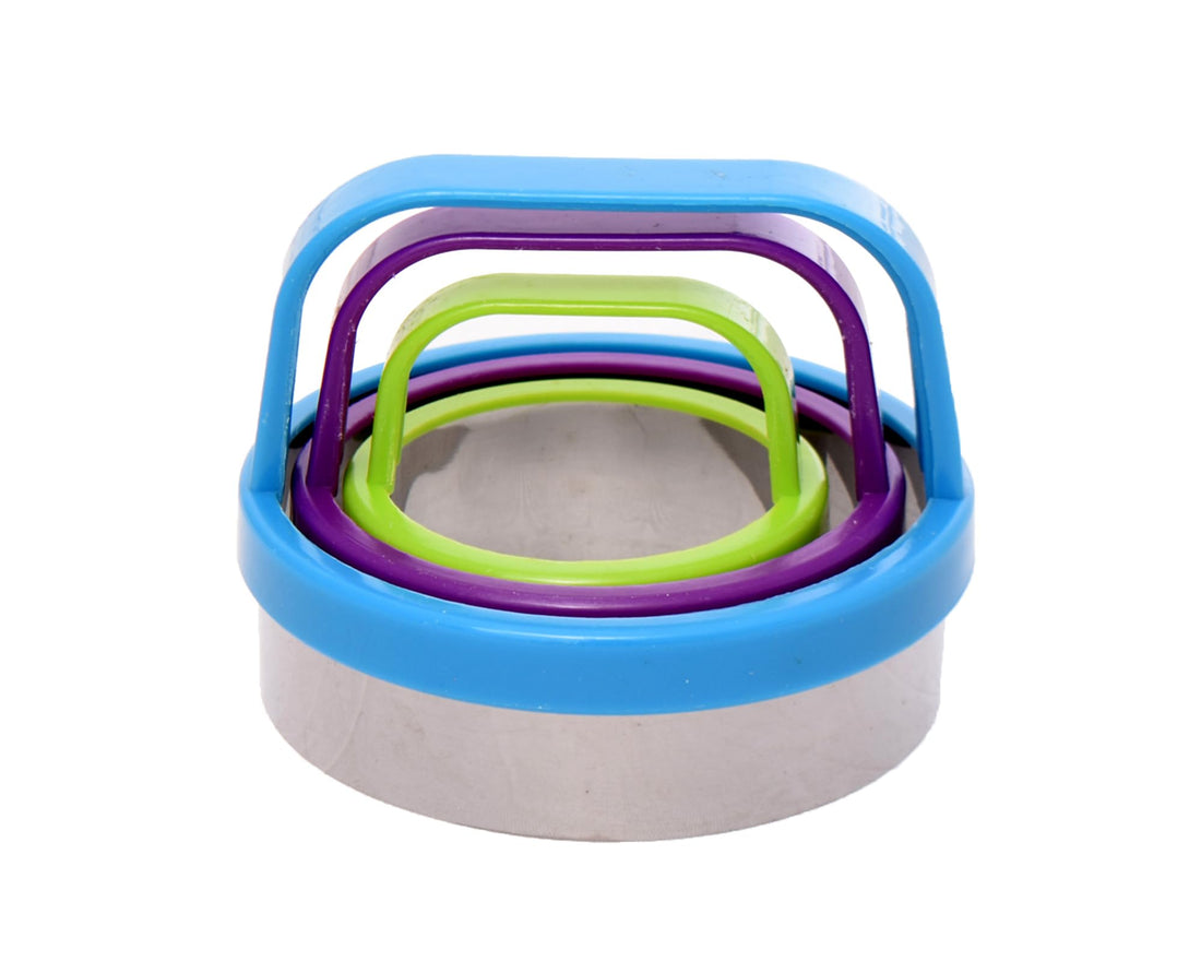 Nesting Cookie Cutters Set, 3 Sizes, Metal with Coloured Handles, Blue Purple Green