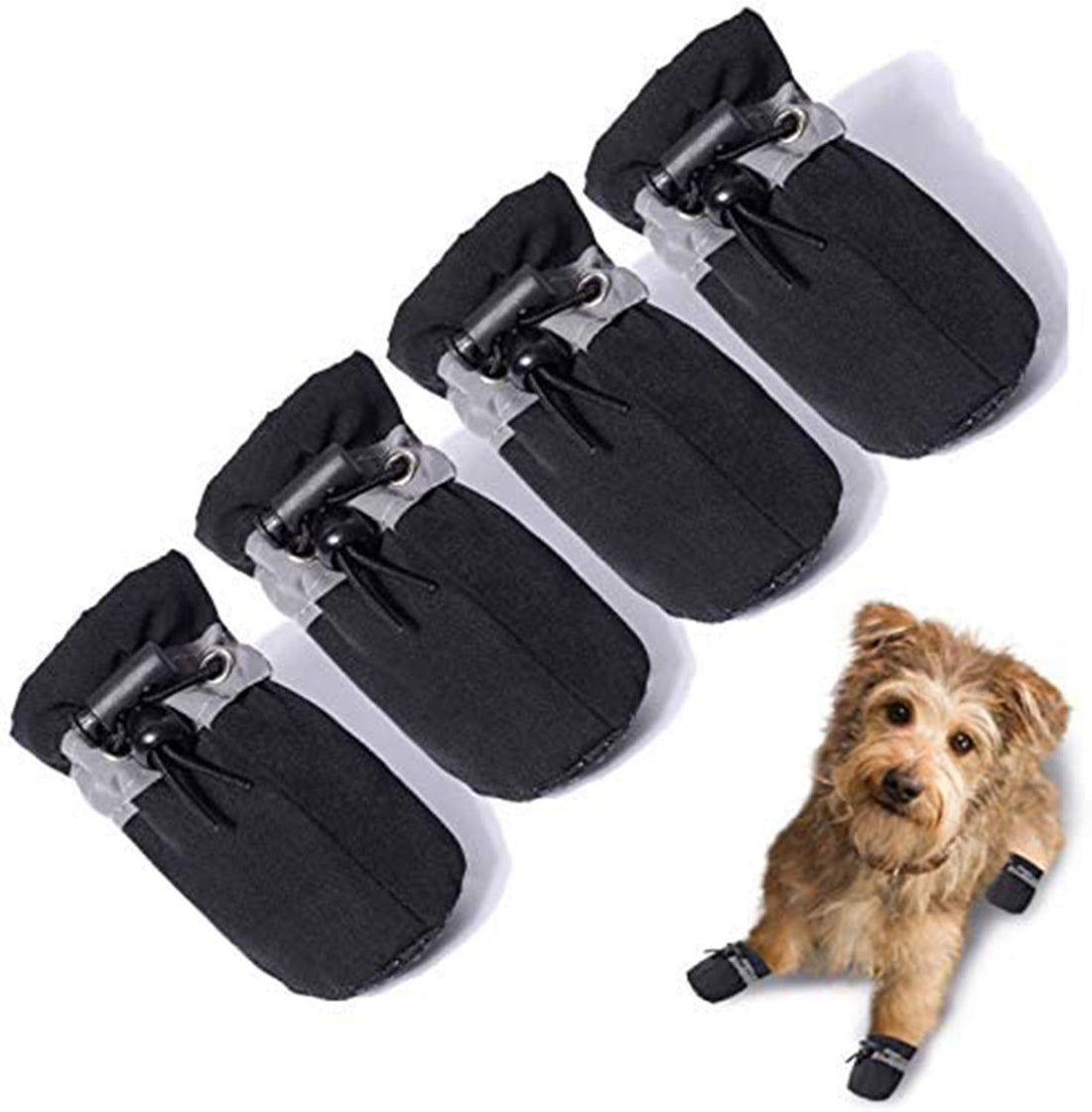 DELFINO Dog Boots, Light Duty Water Resistant Dog Boots, Winter Dog Shoes with Reflective Straps Anti-Slip Sole Breathable Outdoor Dog Paw Protection for Small, Medium and Large Dogs (4 Pcs - Black)