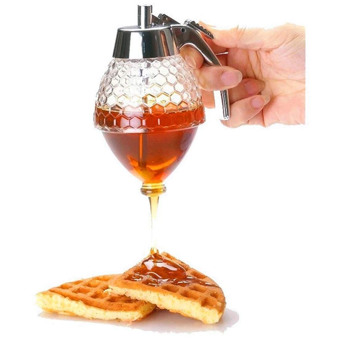 Honey Pot, DELFINO Honey Dispenser No Drip Glass Bottom Flow Honey Dispense Maple Syrup Dispenser Glass Beautiful Honey Comb Shaped Honey Pot Honey Jar with Stand, Great Bee Decor for Syrup, Sauces