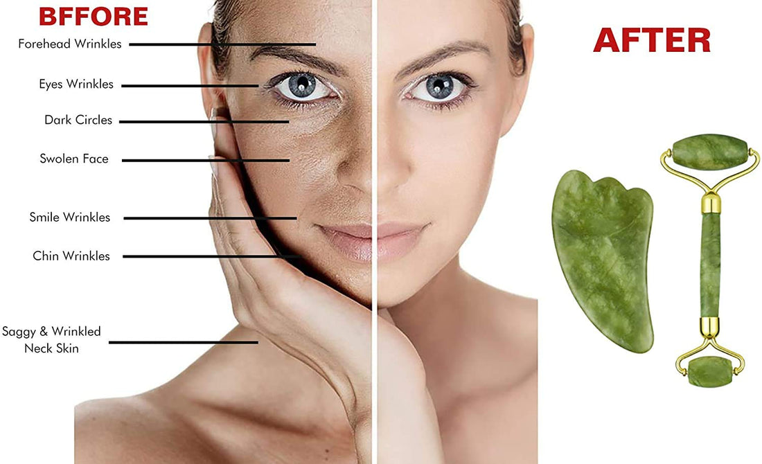 LEONMAR Best Jade Roller - Ultimate Skin Care Solution for Anti-Aging & Anti-Wrinkle - 100% Natural Jade Stone Face Roller Gua Sha Scrapping Tool Set for Neck & Puffy Eyes Massager