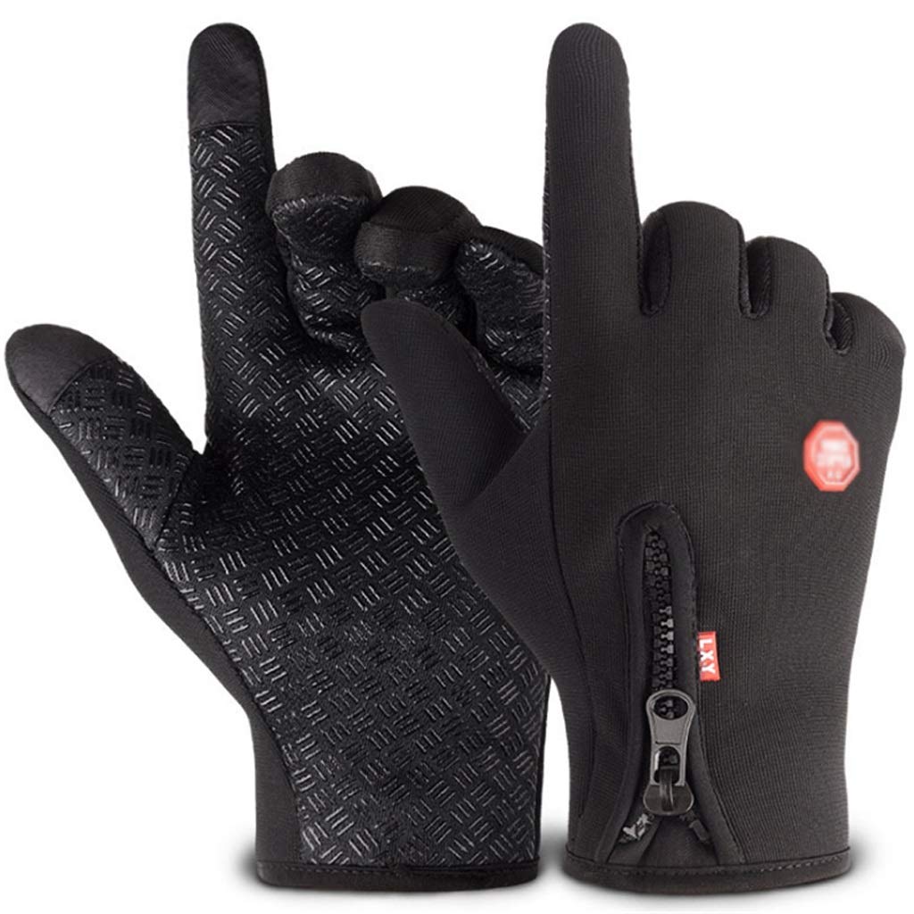 KUJYBG Autumn and Winter Leather Gloves Men's Cycling Motorcycle Warm Windproof Waterproof Gloves Thickened Plush Touch Screen (Color : Black, Size : Large)