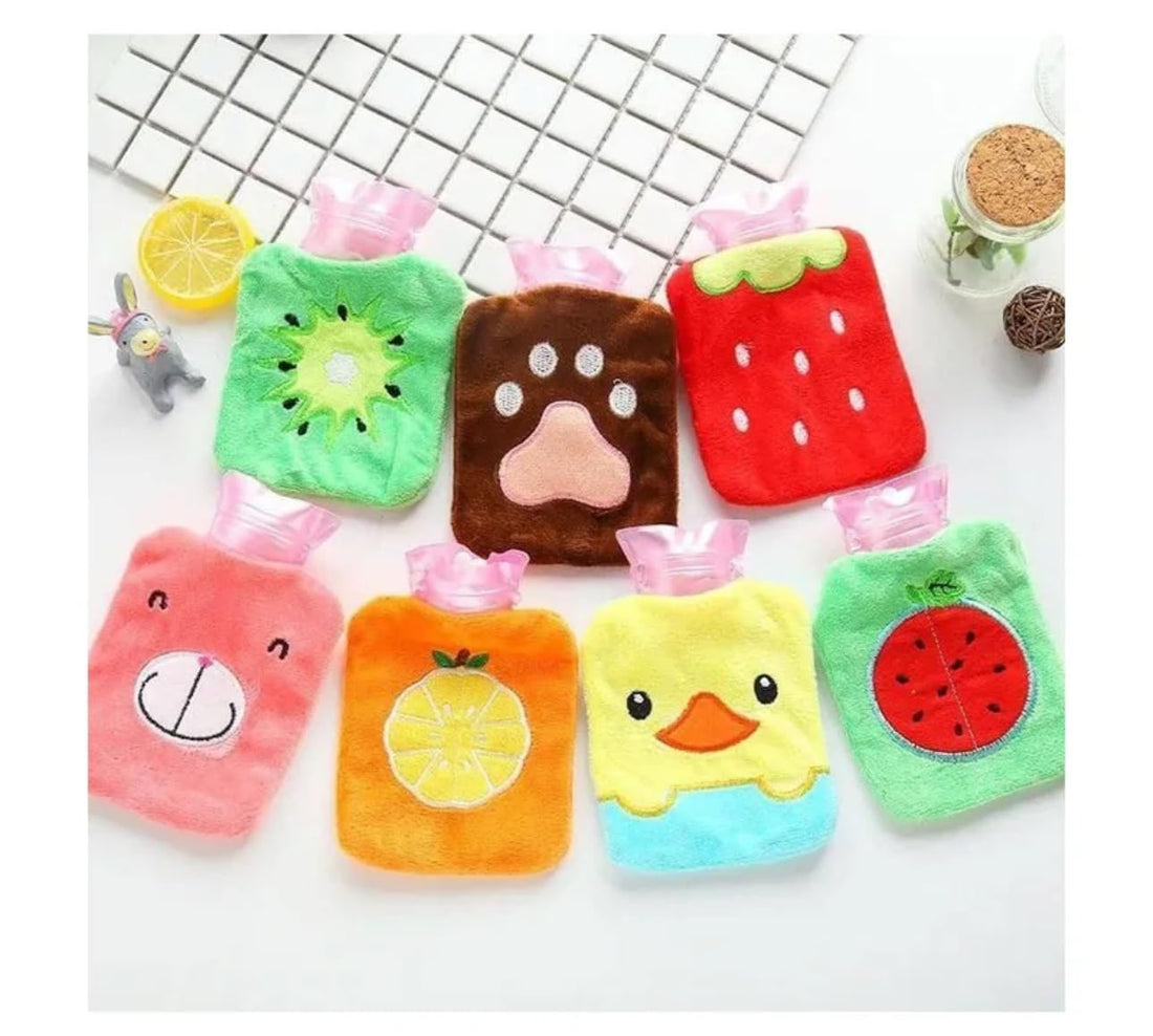 Downtown 6-Piece Cute Mini Hot Water Bottles Set, Animal and Fruit Designs for Warmth and Pain Relief, Portable Hand Warmers for Winter, Soft Rubber Heat Bags for Home and Travel Use