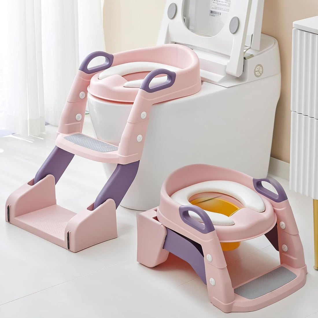 Potty Training Seat with Step Stool Ladder,OYDAS 2-in-1Potty Toilet for Kids,Toilet Training Potty Seat Sturdy Comfortable Built in Non-Slip Steps Soft Cushion Seat for 1-10 Years Baby (Pink)