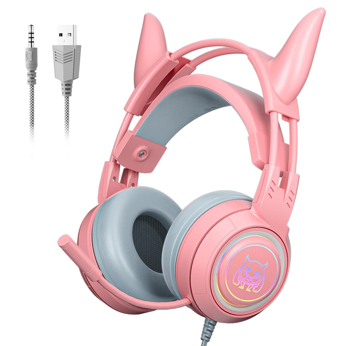 Pink Stereo Gaming Headset for PC Xbox One PS5 Switch, Wired RGB Headphones with Mic, Surround Sound, Soft Earmuffs, Noise Cancelling Over Ear Cute Headphones for Girls Kids,Magic Ear