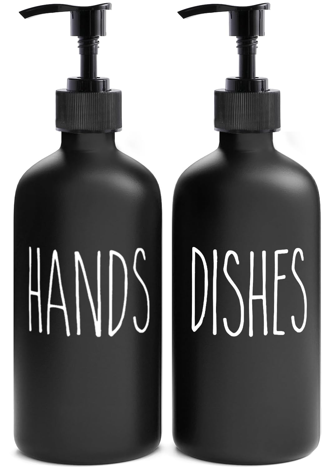 MOMEEMO Black Glass Soap Dispenser Set, 2 Pack, 16 Oz, Farmhouse Style, Hands & Dishes Label, Perfect for Kitchen & Bathroom Decor