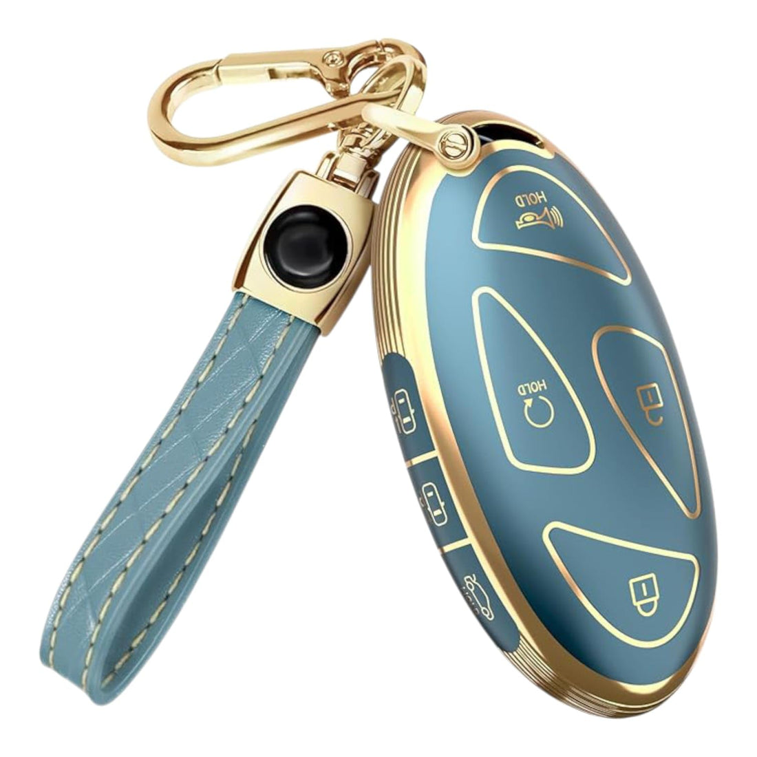 TPU Car Key Case with Leather Medallion – Compatible with Hyundai Santa Fe Sonata Tucson Grandeur Ioniq 6 Kona Elantra (2022–2025) – 7 Buttons Remote – Gray with Gold Edge