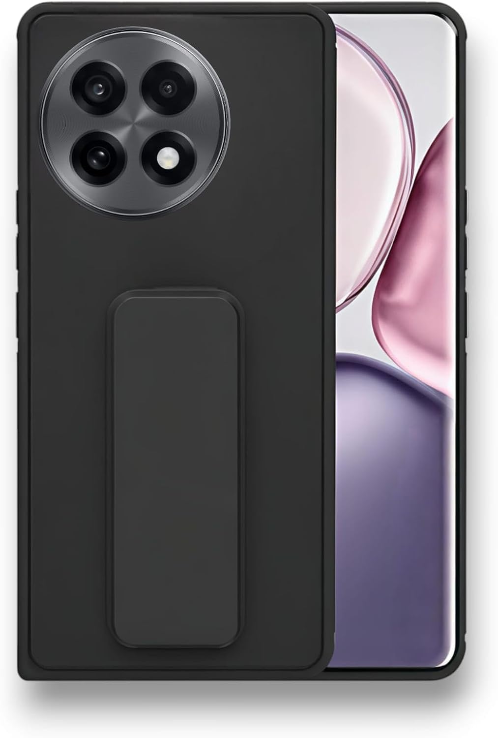 Back Cover Stand Case Magnetic Car Holder Soft Silicone & Vertical Kickstand Cover Wrist Strap Full protection Anti Fingerprint Case (Black for One Plus 13R)