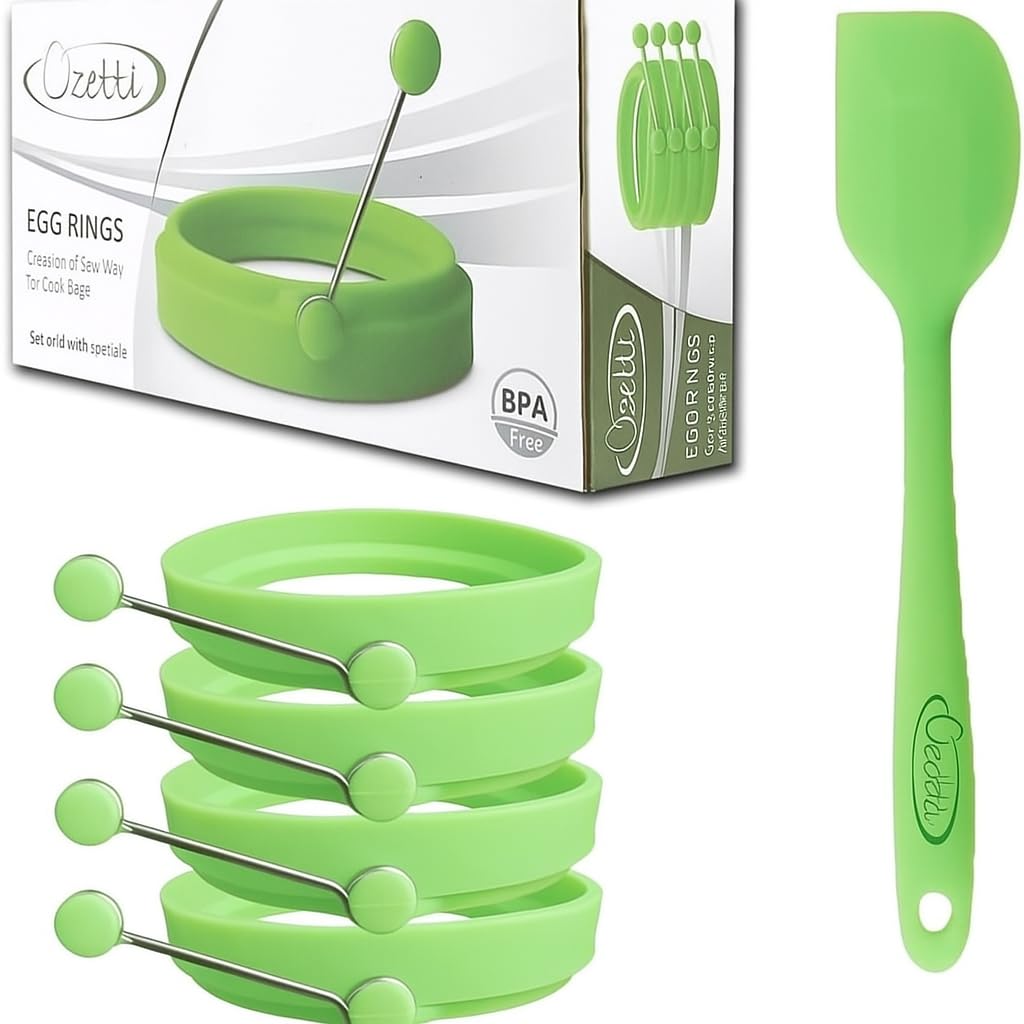 Silicone Egg Frying Pan Pancake Omelette Pan 4 Rings + (Esptiole) 21cm 100% Food Grade Non-Stick Size, Diameter 10cm (Green)