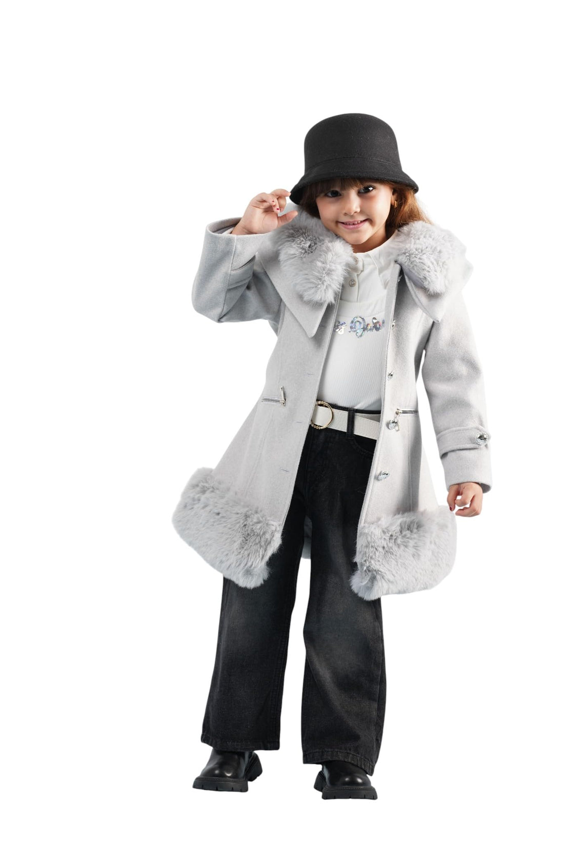Girls’ 3-Piece Winter Outfit – Faux Fur Coat, Elegant Top & Jeans Set