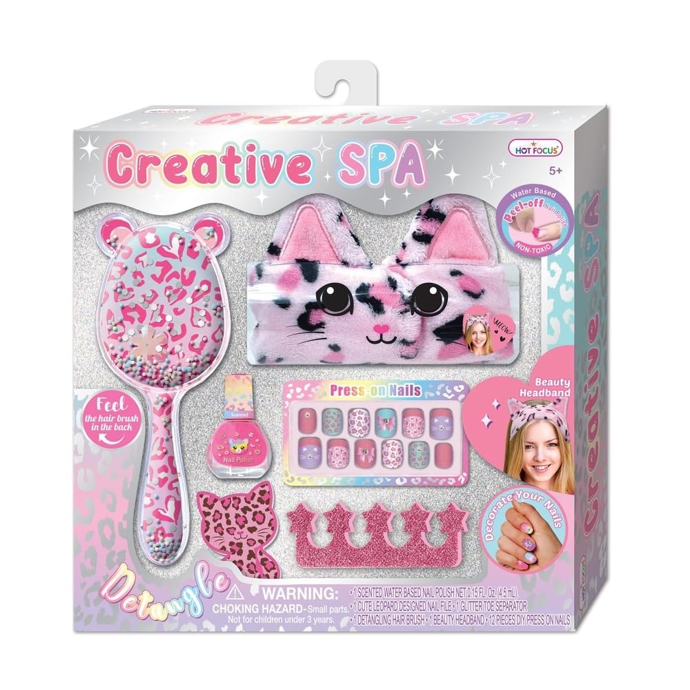 Hot Focus Creative Spa Leopard Vanity Essentials Set, Multicolor, Includes Hair Brush, Headband, Press On Nails, Nail Polish, Nail File, Toe Separator