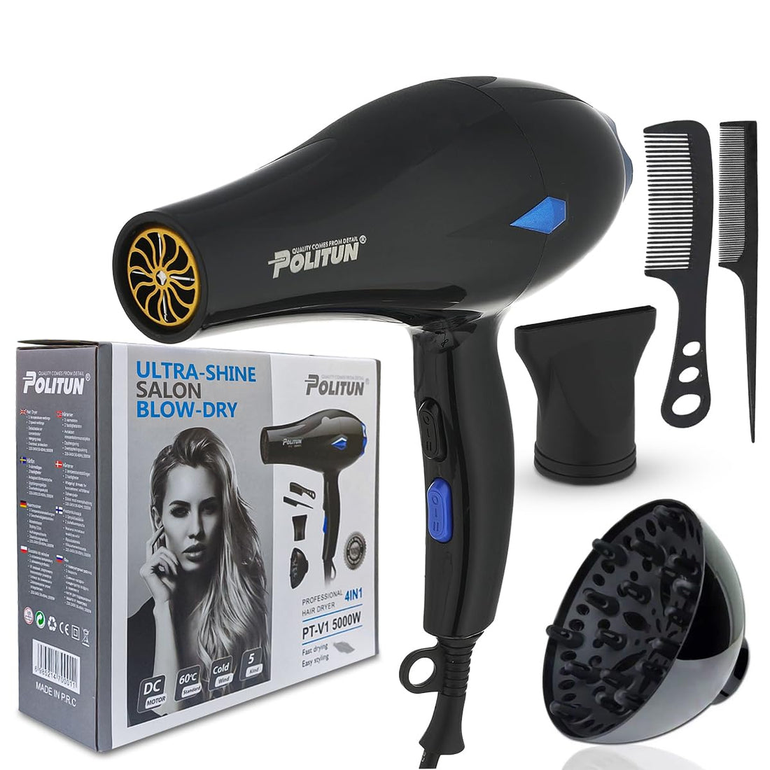 Hair Dryer 5000W Professional Blow Dryer, Fast Drying Salon Smooth Hair Dryer with 3 Heat Settings 2 Speeds Detachable Concentrator Overheat Protection, PT-V1