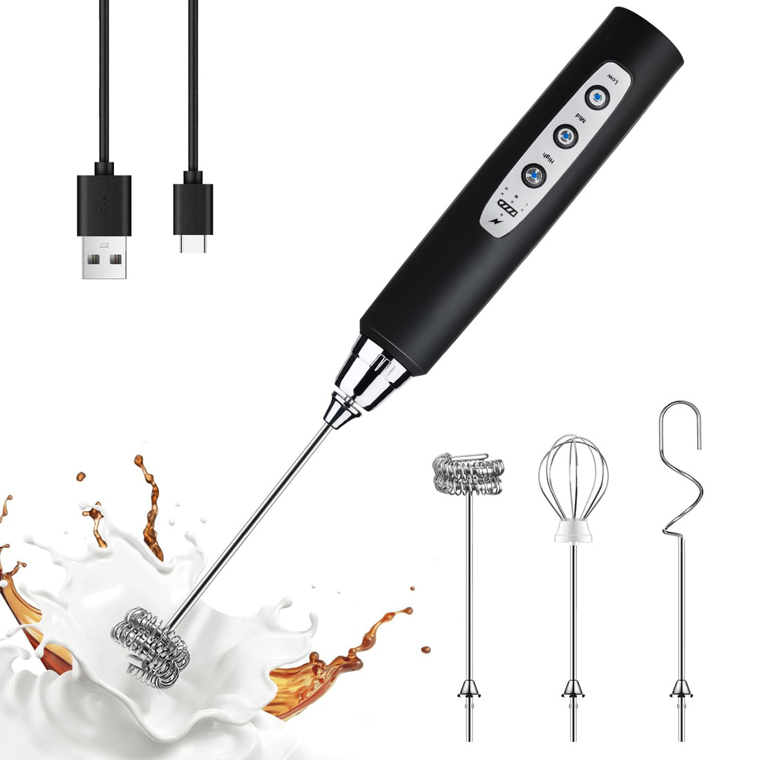 YUSWKO Black Handheld Milk Frother Wand for Coffee, Rechargeable Electric Whisk with 3 Heads 3 Speeds Drink Mixer Coffee Frother for Latte, Cappuccino, Chocolate