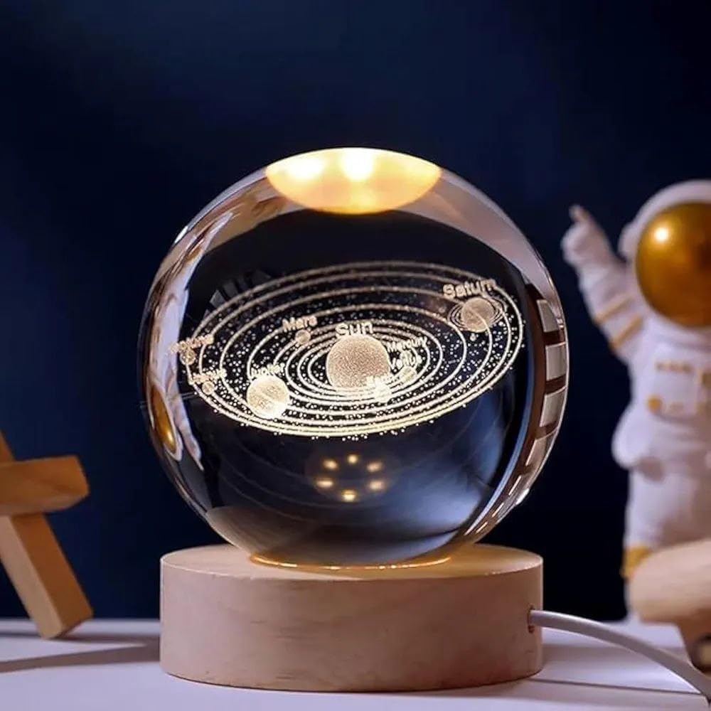 3D Crystal Ball Shape LED Mood Light, Wooden Base Home Decor, Decor, Birthday Gift for Lover, Girlfriend, Kids, Crystal Ball Lamp, Warm Night Light, 6cm