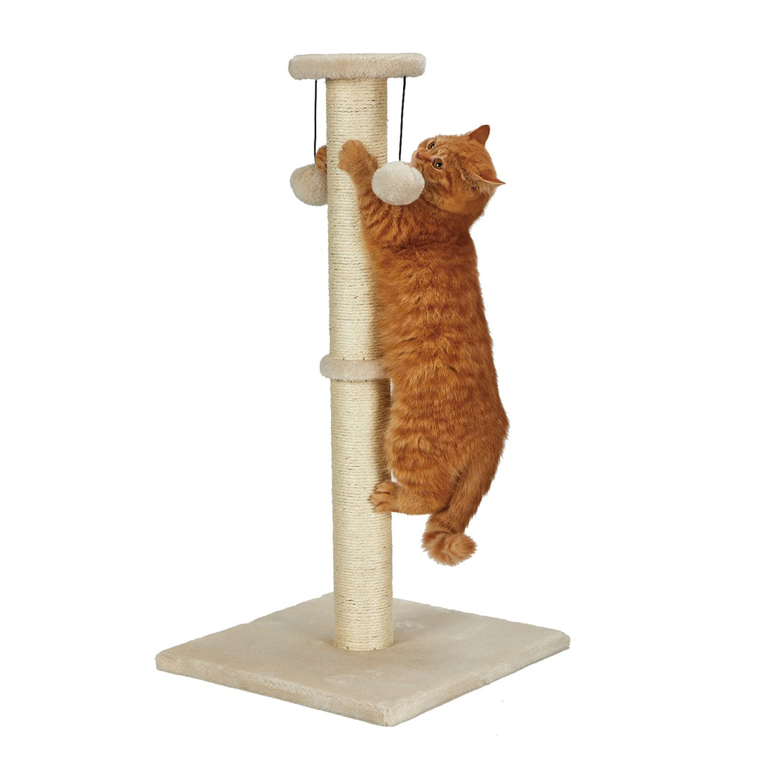 PEEKAB 32“Tall Cat Scratching Post Sisal Rope Scratcher Posts with Soft Plush Platform Top and Interactive Ball Toys Vertical Scratcher for Indoor Cats Kitten Scratch Protector Furniture (Beige)