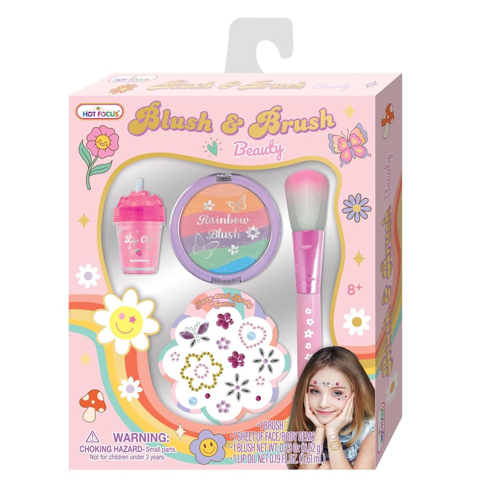 Hot Focus Good Day Blush Brush Beauty Kit, Multicolor, Includes Blush Palette, Cosmetic Brush, Body Gems, Lip Gloss