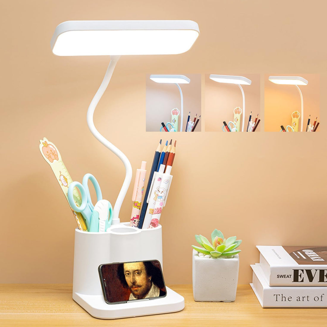LED Desk Lamp,3-Color Control Mode LED Desk lamp,with Pen Holder and Phone Stand,360°Flexible,Touch Control,Eye-Caring,Table Lamp for Computer/Desktop, Study Lamp for Study Bedroom and Office