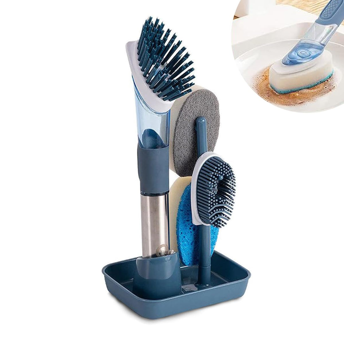 Cleaning Tools 4 in 1 Kitchen Cleaning Brush Set, Portable Dish Scrubber with 4 Brush Heads for Pots Pans Sink Tiles, Blue