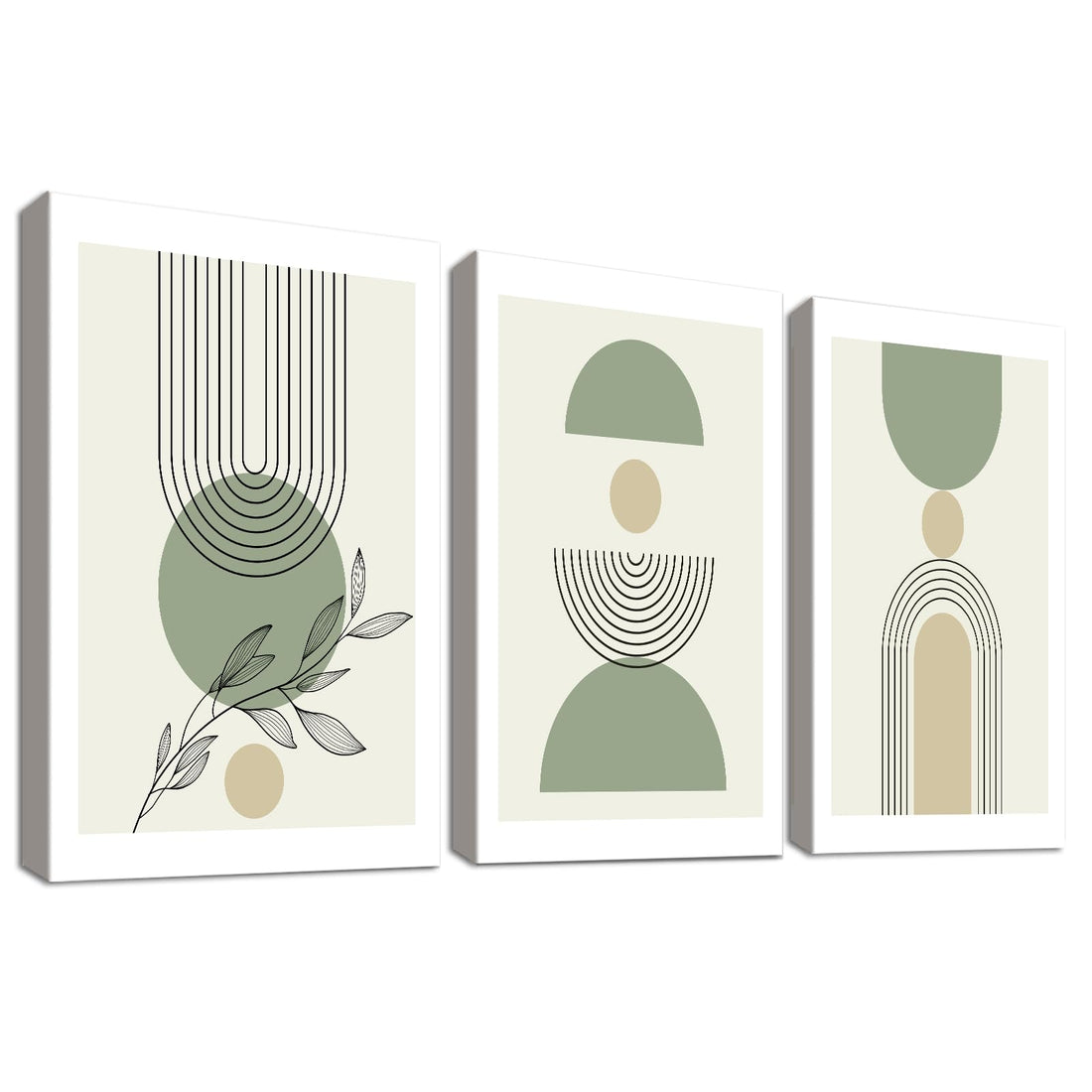 3 Pcs Wooden Framed Canvas Wall Art Set Boho Sage Green Painting on Canvas Prints Poster Abstract Beige Green Leaves Pictures for Living Room Bedroom Hallway Wall Decor Geometric Artwork 30x40 cm x3