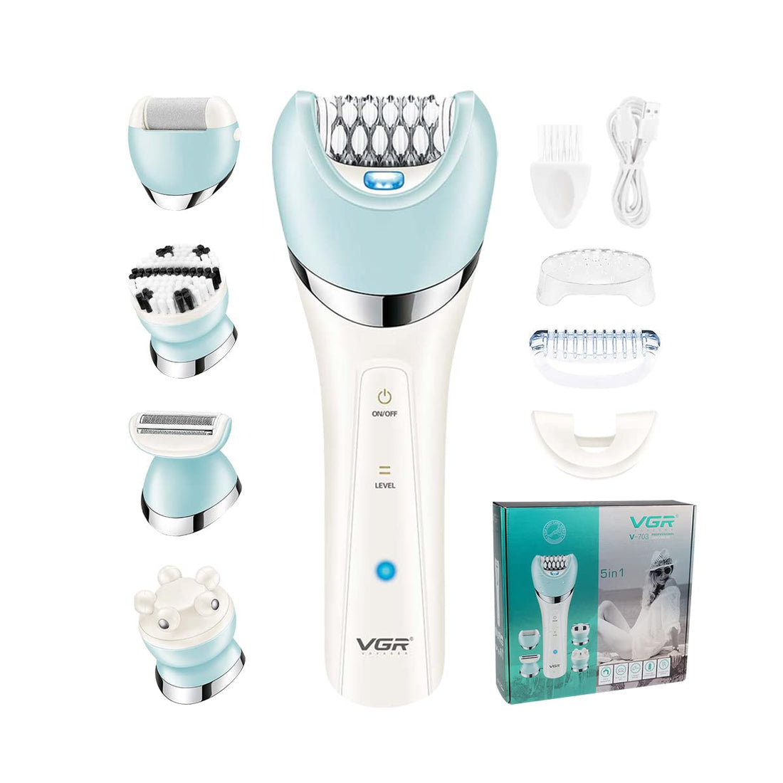VGR V-703 Professional 5-in-1 Women Grooming Kit Shaver for Face, Legs, Underarms & Bikini area, Eyebrow trimmer, Ear & Nose Trimmer Facial Massager & Body Massager IPX 4 Fully washable
