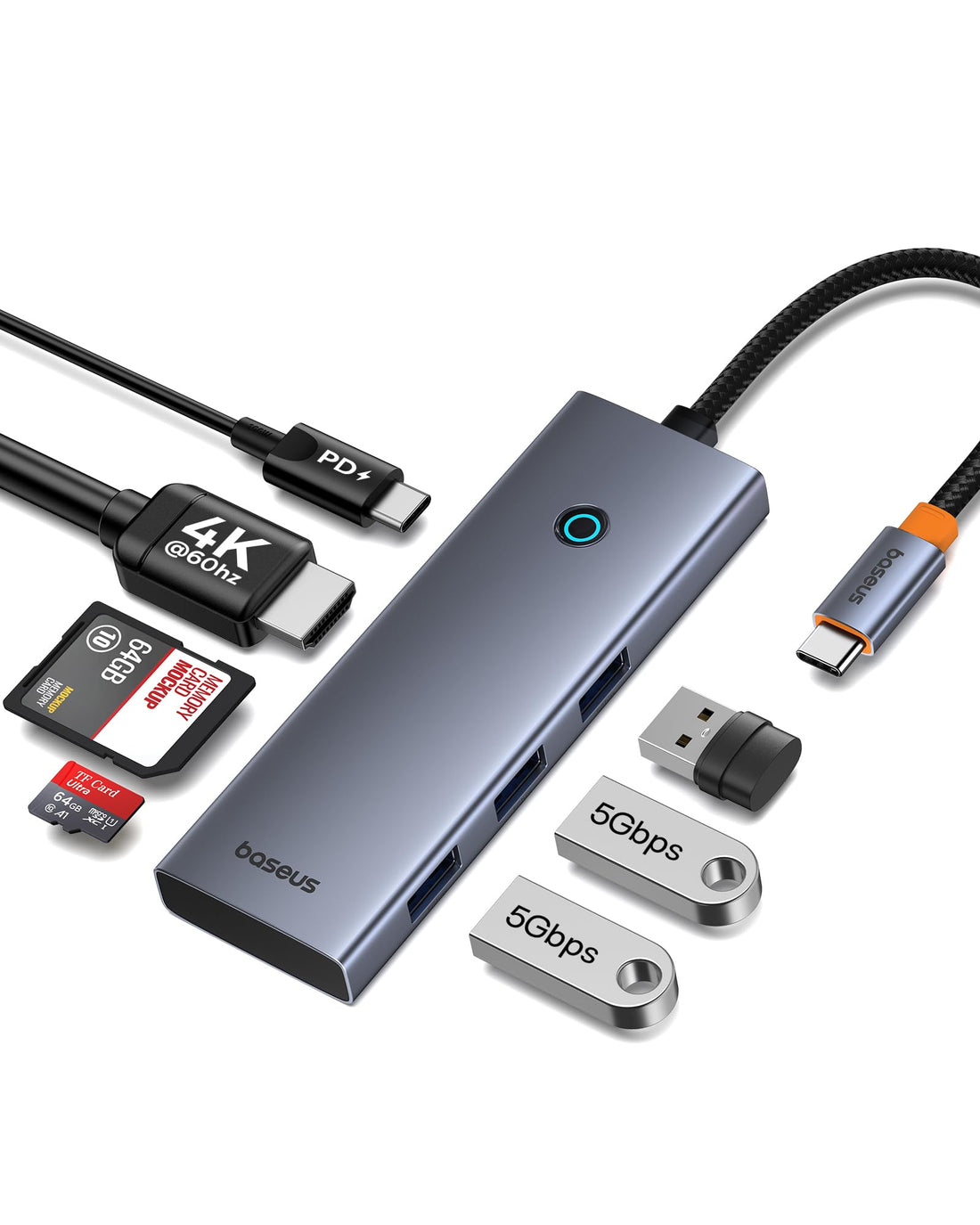 Baseus 7-in-1 UltraJoy Series USB-C to HDMI USB/PD/SD/TF Hub, Grey