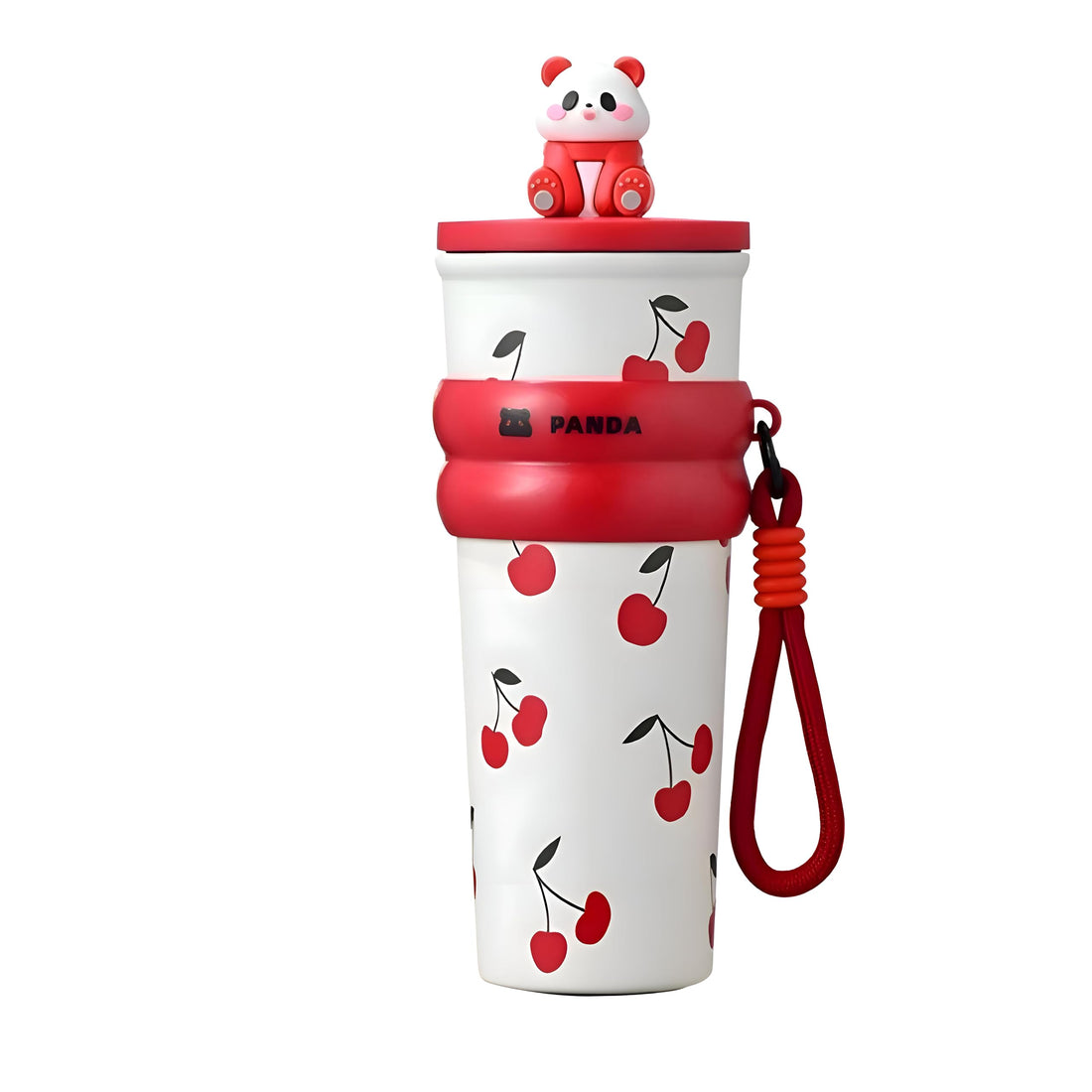 Drink Container - Reliable Thermal Performance, 700ml Capacity, Eye-Catching White and Red Cherry Artwork, Unique Panda-Shaped Lid, and a Functional Non-Slip Grip Band (red)